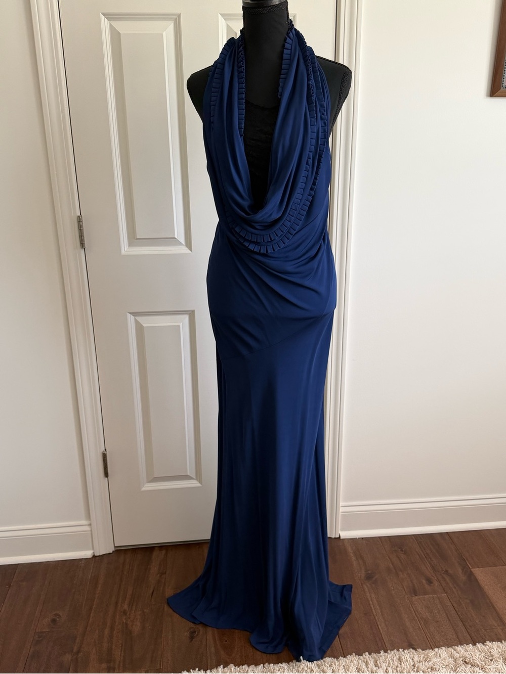 Navy Jersey Poleci Cowl Neck Draped Evening Gown